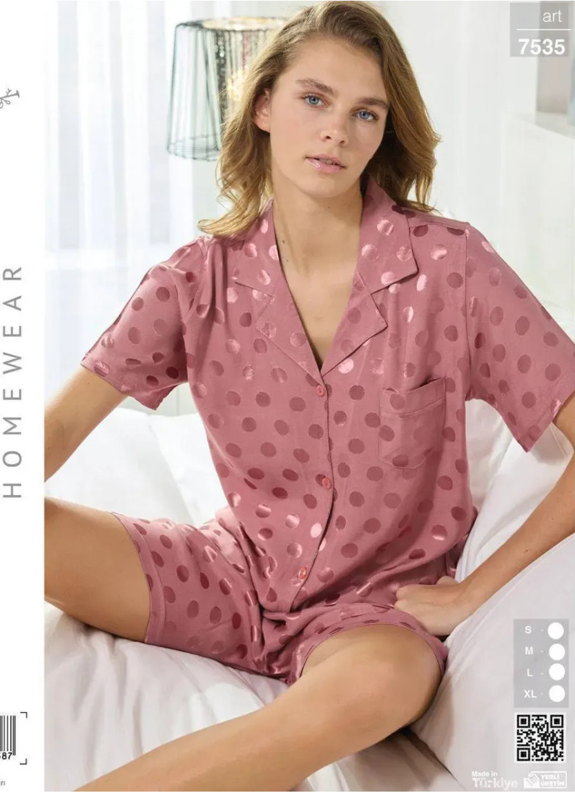 Женская Пижама Комплект Рубашка И Шорты Хлопок (S+M+L+XL) Seamlife 7535 — турецкий текстиль оптом