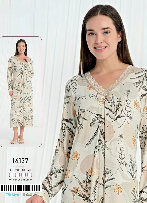 Caroline 14137 Оптом Турция Фабрика Длинная Ночная Сорочка XL+2XL+3XL+4XL Caroline 14137 Купить Оптом с Турции