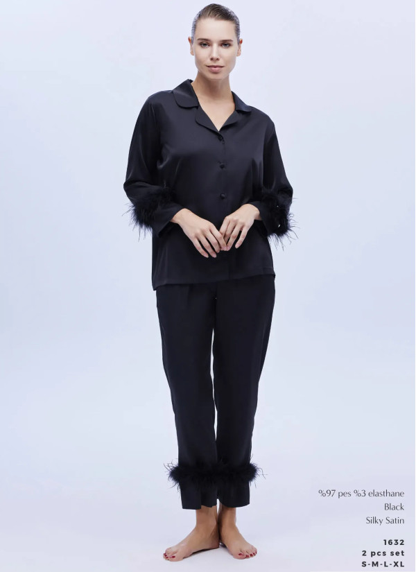 Bonjour Madame 1632 BLACK Satin Pants Homewear Set — factory-direct from Turkey 2