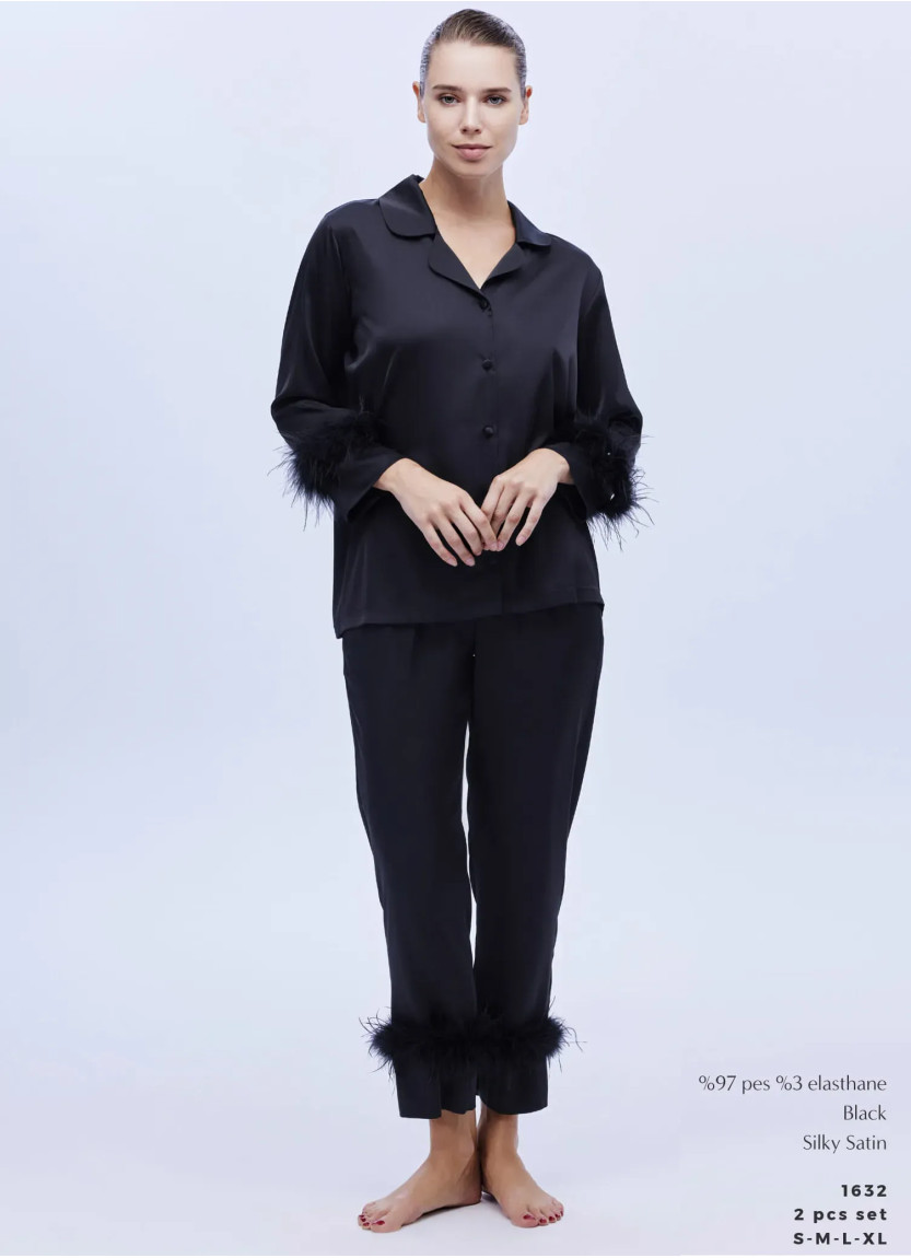 Женский Комплект с Брюками 2-ка SILKY SATIN WITH ACCESSORY BONJOUR MADAME 1632 BLACK — турецкий текстиль оптом