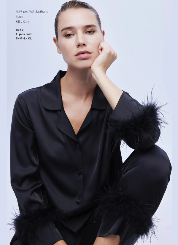 Bonjour Madame 1632 BLACK Satin Pants Homewear Set — factory-direct from Turkey