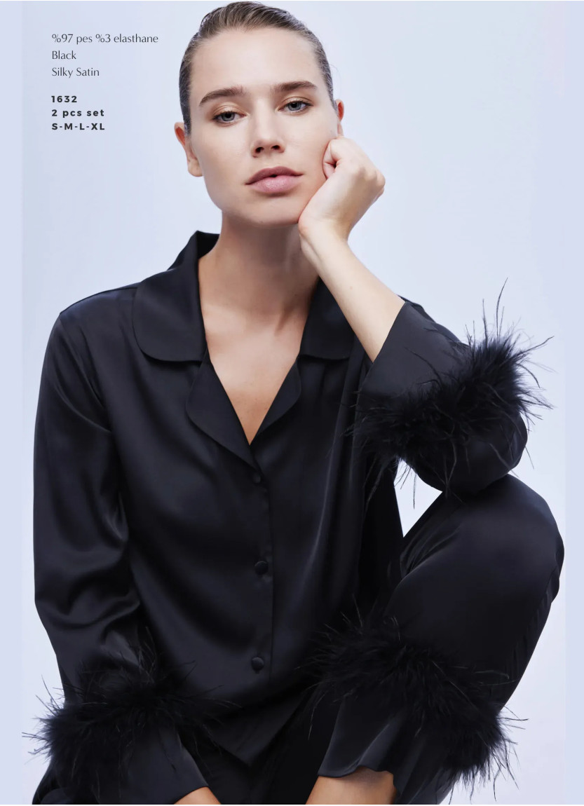 Женский Комплект с Брюками 2-ка SILKY SATIN WITH ACCESSORY BONJOUR MADAME 1632 BLACK — оптовая поставка из Турции