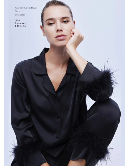 Женский Комплект с Брюками 2-ка SILKY SATIN WITH ACCESSORY BONJOUR MADAME 1632 BLACK — оптовая поставка из Турции