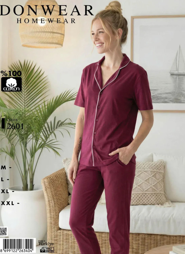 Пижама Женская на Пуговицах Комплект с Брюками Хлопок (M+L+XL+XXL) Donwear 2601 — купить оптом со Стамбула