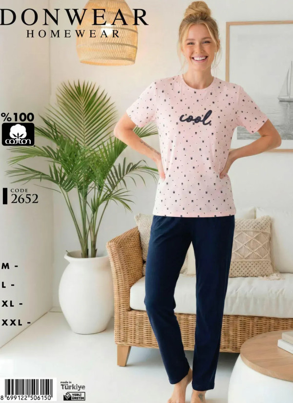 Пижама Женская Комплект с Брюками Хлопок (M+L+XL+XXL) Donwear 2652 — купить оптом со Стамбула