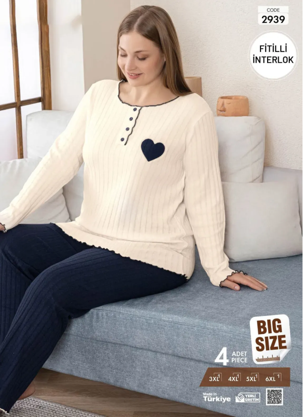 Пижама Женская из Рапортного Интерлока (3XL+4XL+5XL+6XL) FITILLI INTERLOK Pijamo 2939 — оптом от турецкой фабрики
