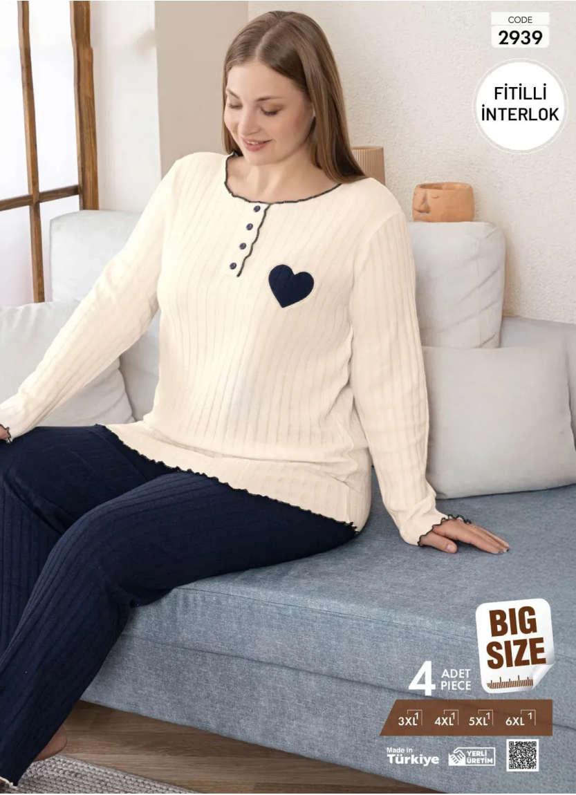 Пижама Женская из Рапортного Интерлока (3XL+4XL+5XL+6XL) FITILLI INTERLOK Pijamo 2939 — оптом от турецкой фабрики