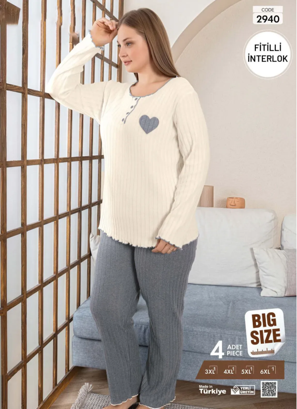 Пижама Женская из Рапортного Интерлока (3XL+4XL+5XL+6XL) FITILLI INTERLOK Pijamo 2940 — купить оптом со Стамбула