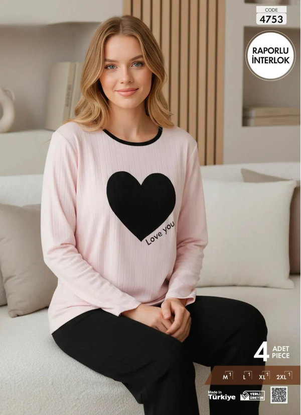 Пижама Женская из Рельефного Интерлока с Длинным Рукавом (M+L+XL+2XL) Raporlu Interlok Pijamo 4753 — оптом от турецкой фабрики