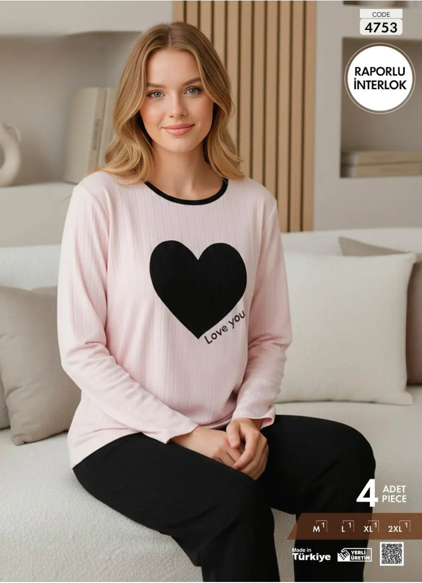 Pijamo 4753 Interlock Women's Pajama Set (M+L+XL+2XL) — Turkish factory wholesale
