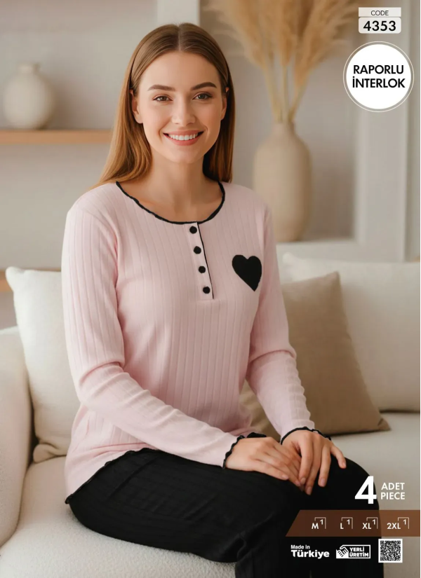 Пижама Женская из Рельефного Интерлока с Длинным Рукавом (M+L+XL+2XL) Raporlu Interlok Pijamo 4353 — оптом от турецкой фабрики