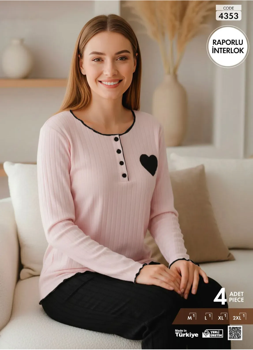 Пижама Женская из Рельефного Интерлока с Длинным Рукавом (M+L+XL+2XL) Raporlu Interlok Pijamo 4353 — оптом от турецкой фабрики