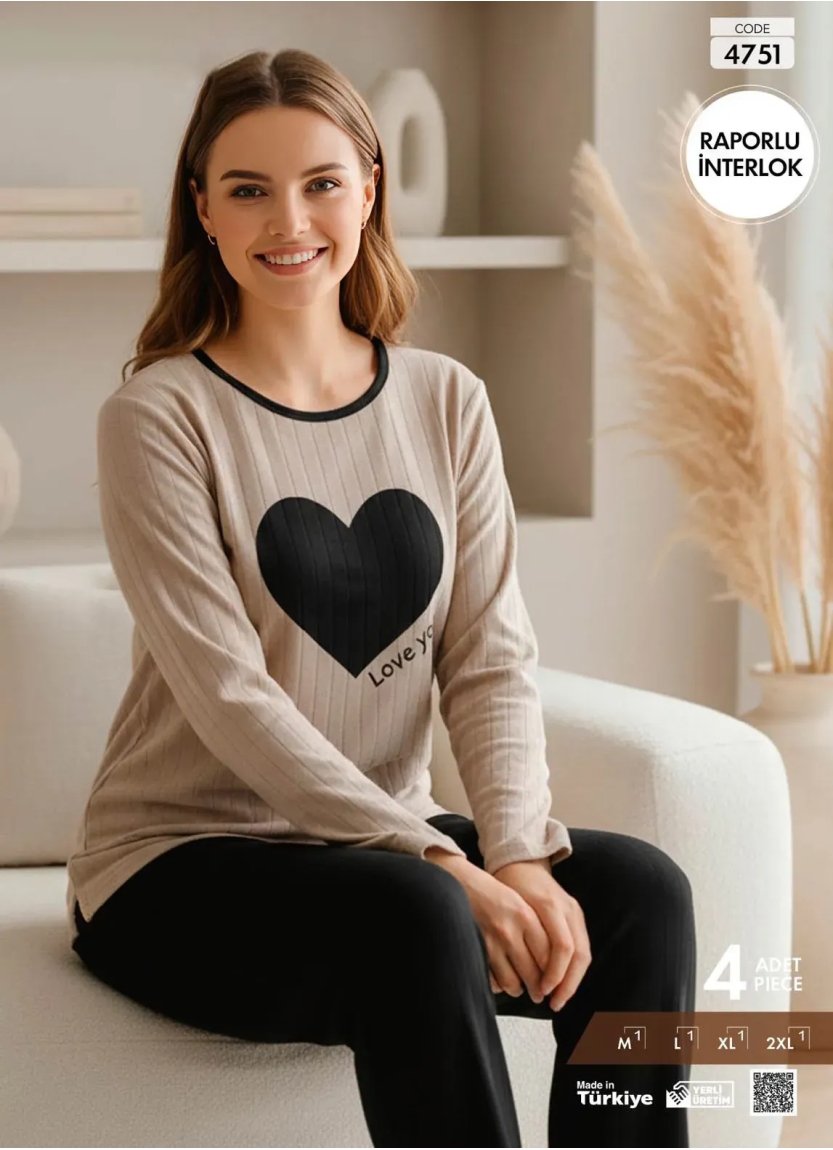 Пижама Женская из Рельефного Интерлока с Длинным Рукавом (M+L+XL+2XL) Raporlu Interlok Pijamo 4751 — купить оптом со Стамбула