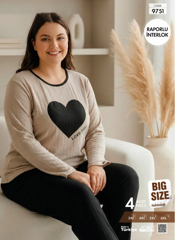 Пижама Женская из Рельефного Интерлока с Длинным Рукавом (3XL+4XL+5XL+6XL) Raporlu Interlok Pijamo 9 — фабричная коллекция оптом