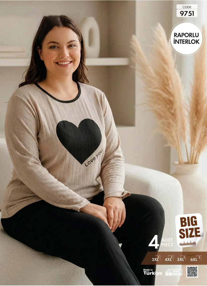 Пижама Женская из Рельефного Интерлока с Длинным Рукавом (3XL+4XL+5XL+6XL) Raporlu Interlok Pijamo 9 — фабричная коллекция оптом