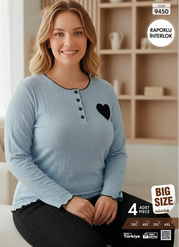 Пижама Женская из Рельефного Интерлока с Длинным Рукавом (3XL+4XL+5XL+6XL) Raporlu Interlok Pijamo 9 — прямые поставки из Турции