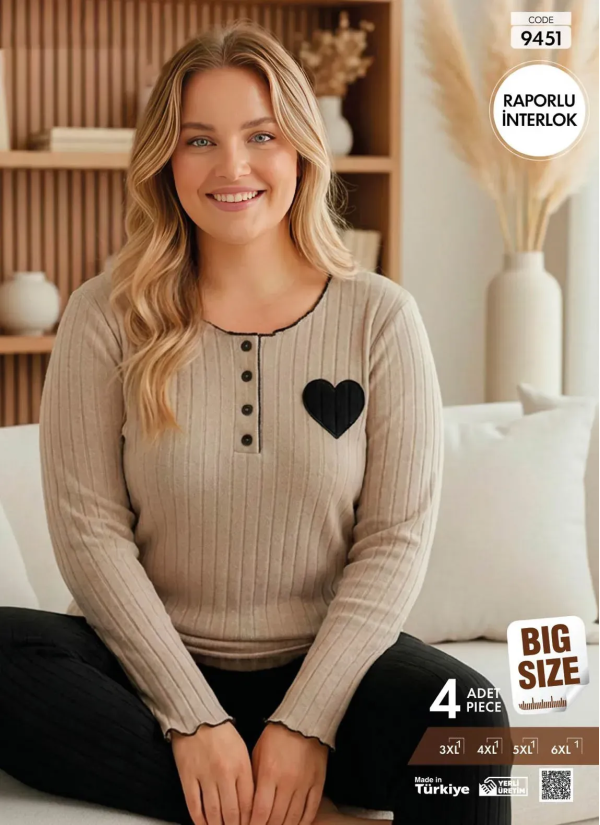 Пижама Женская из Рельефного Интерлока с Длинным Рукавом (3XL+4XL+5XL+6XL) Raporlu Interlok Pijamo 9 — оптом от турецкой фабрики