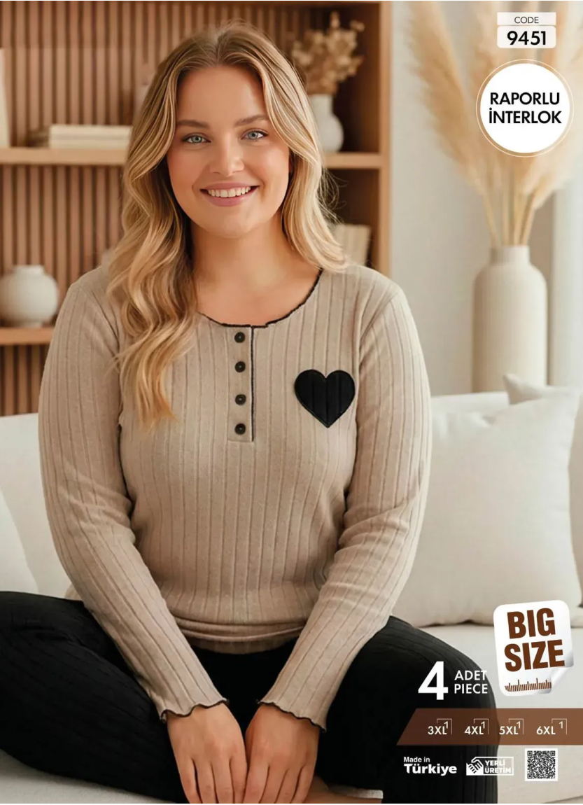 Пижама Женская из Рельефного Интерлока с Длинным Рукавом (3XL+4XL+5XL+6XL) Raporlu Interlok Pijamo 9 — оптом от турецкой фабрики