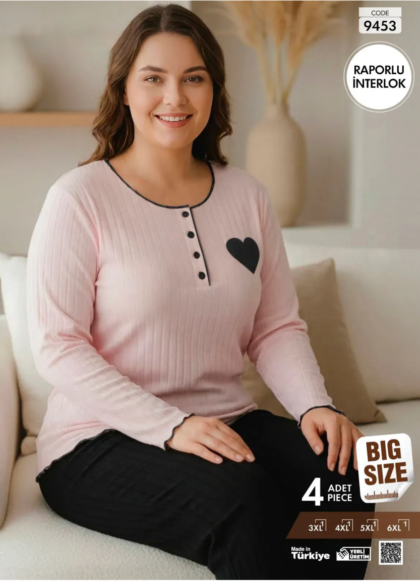 Пижама Женская из Рельефного Интерлока с Длинным Рукавом (3XL+4XL+5XL+6XL) Raporlu Interlok Pijamo 9 — фабричная коллекция оптом