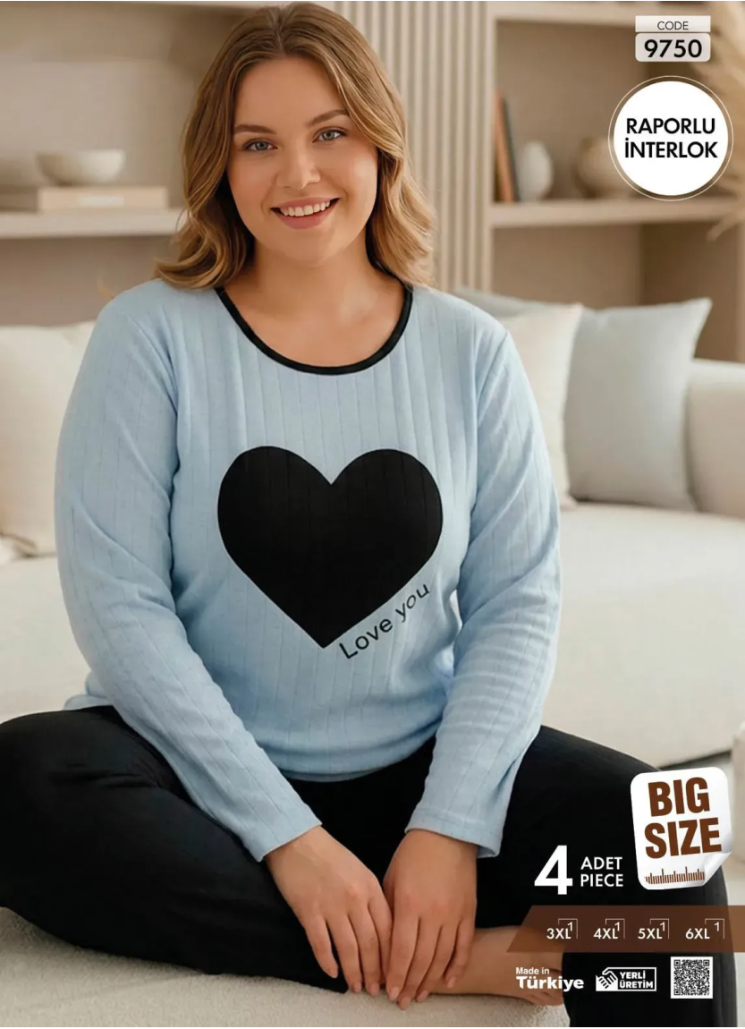 Пижама Женская из Рельефного Интерлока с Длинным Рукавом (3XL+4XL+5XL+6XL) Raporlu Interlok Pijamo 9 — прямые поставки из Турции