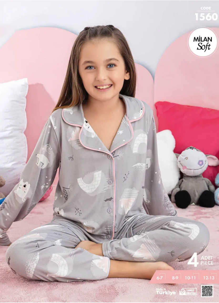 Детская Пижама Для Девочки на Пуговицах с Принтом (6/7+8/9+10/11+12/13) Milan Soft Pijamo MilanSoft 1 — купить оптом со Стамбула