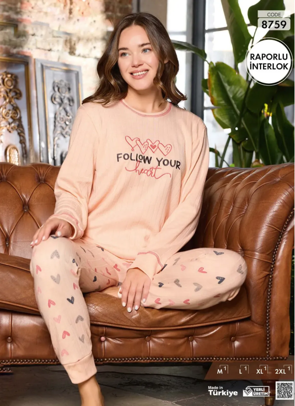 Пижама Женская из Рапортного Интерлока (M+L+XL+2XL) Raporlu Interlok Pijamo 8759 — купить оптом со Стамбула