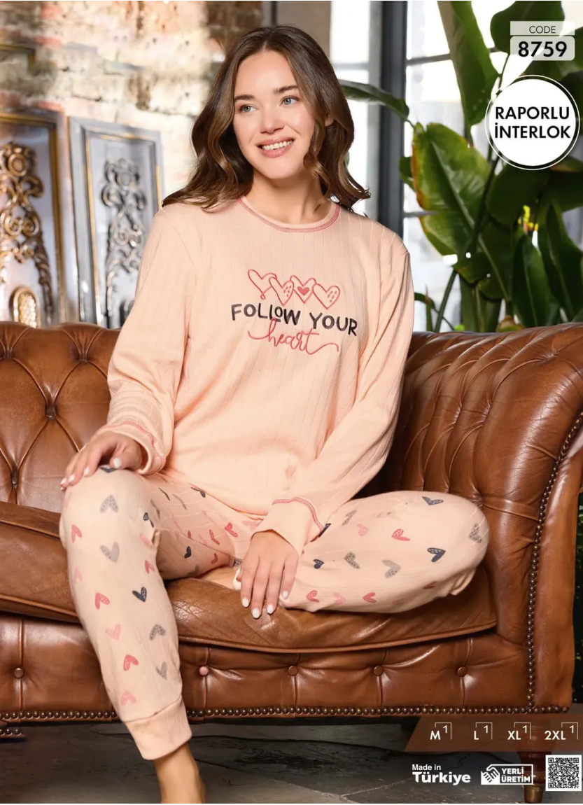 Пижама Женская из Рапортного Интерлока (M+L+XL+2XL) Raporlu Interlok Pijamo 8759 — купить оптом со Стамбула