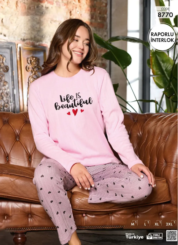 Пижама Женская из Рапортного Интерлока (M+L+XL+2XL) Raporlu Interlok Pijamo 8770 — оптом от турецкой фабрики