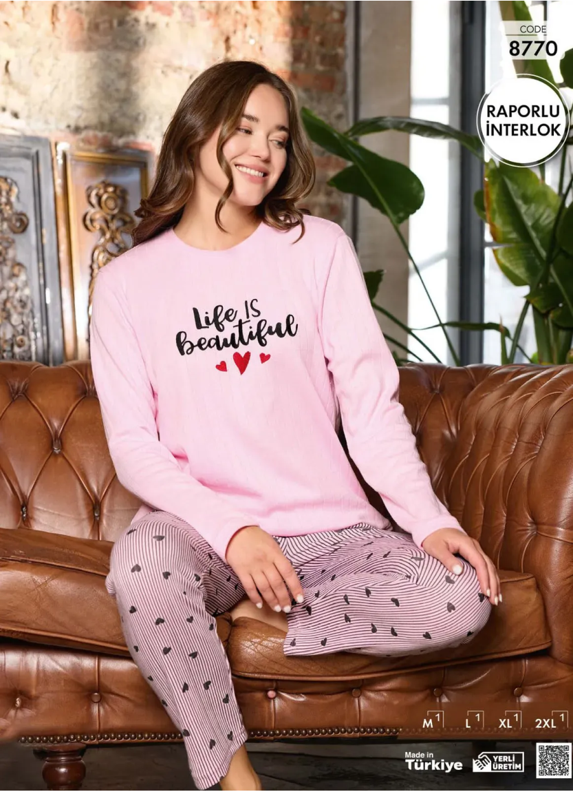 Пижама Женская из Рапортного Интерлока (M+L+XL+2XL) Raporlu Interlok Pijamo 8770 — оптом от турецкой фабрики