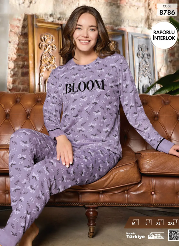 Пижама Женская из Рапортного Интерлока (M+L+XL+2XL) Raporlu Interlok Pijamo 8786 — купить оптом со Стамбула