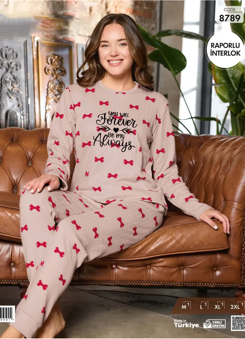 Пижама Женская из Рапортного Интерлока (M+L+XL+2XL) Raporlu Interlok Pijamo 8789 — оптом от турецкой фабрики