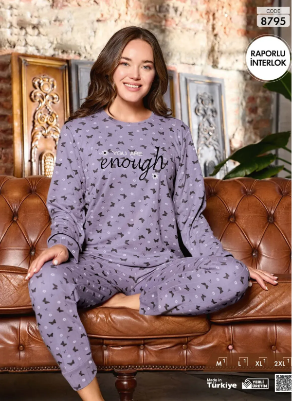 Пижама Женская из Рапортного Интерлока (M+L+XL+2XL) Raporlu Interlok Pijamo 8795 — оптом от турецкой фабрики