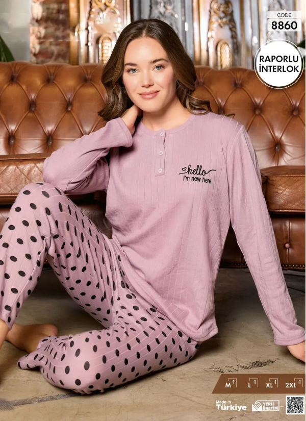 Пижама Женская из Рапортного Интерлока (M+L+XL+2XL) Raporlu Interlok Pijamo 8860 — фабричная коллекция оптом