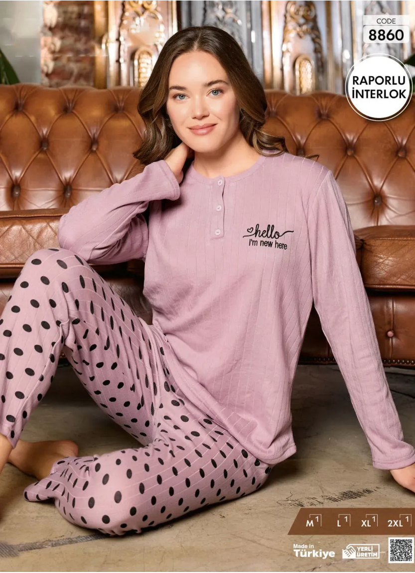 Пижама Женская из Рапортного Интерлока (M+L+XL+2XL) Raporlu Interlok Pijamo 8860 — фабричная коллекция оптом