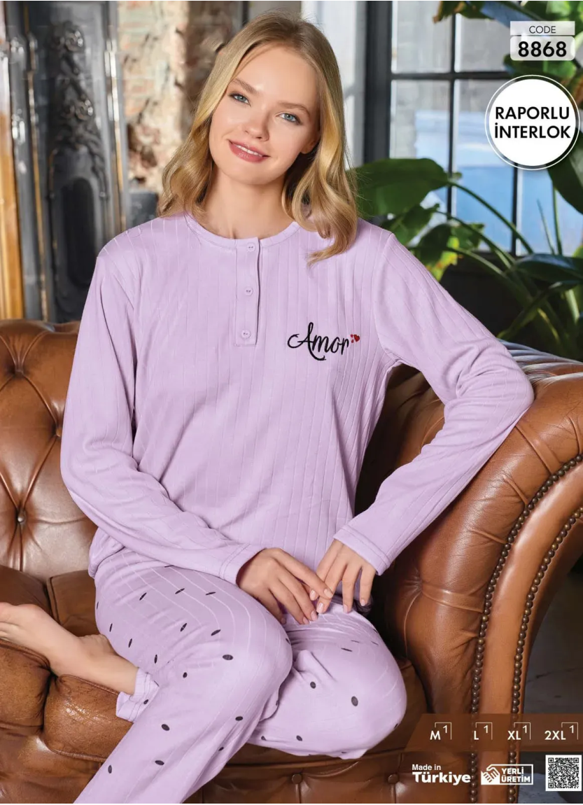 Пижама Женская из Рапортного Интерлока (M+L+XL+2XL) Raporlu Interlok Pijamo 8868 — купить оптом со Стамбула