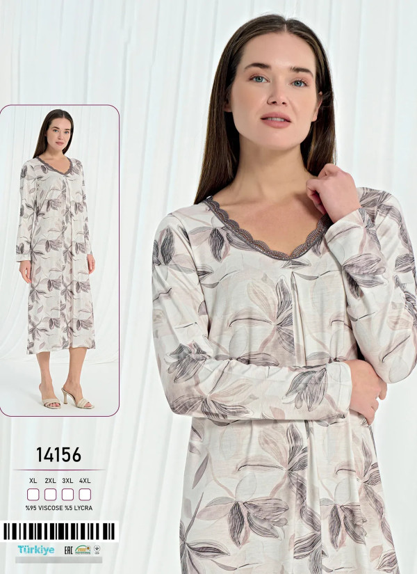 Caroline 14156 Оптом Турция Фабрика Женская Ночная Сорочка Длинная Вискоза (XL+2XL+3XL+4XL) Caroline 14156 Купить Оптом с Турции