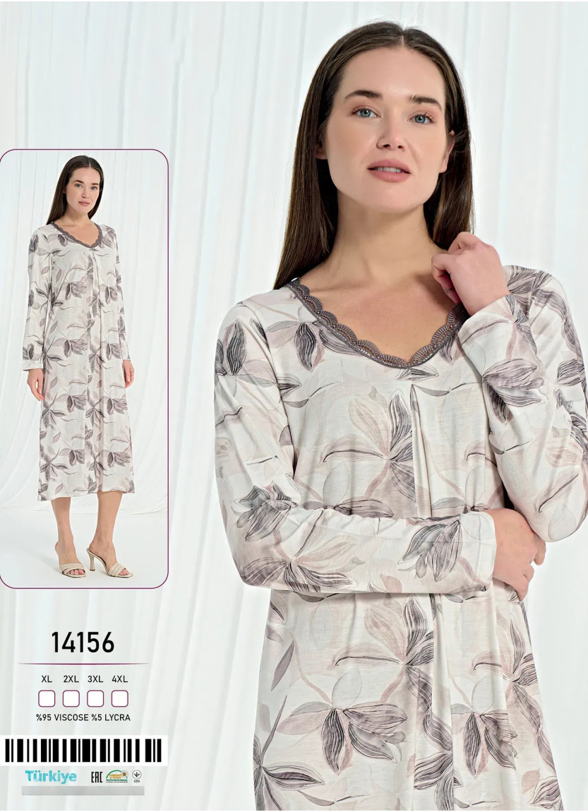 Caroline 14156 Оптом Турция Фабрика Женская Ночная Сорочка Длинная Вискоза (XL+2XL+3XL+4XL) Caroline 14156 Купить Оптом с Турции