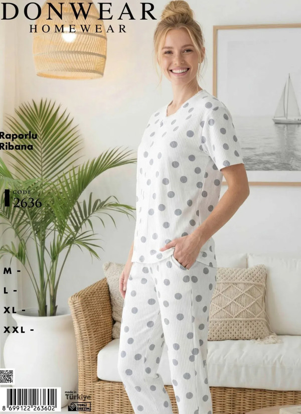 Donwear 2636 Оптом Турция Фабрика Пижама Женская Комплект с Брюками RIBANA (M+L+XL+XXL) Donwear 2636 Купить Оптом с Турции