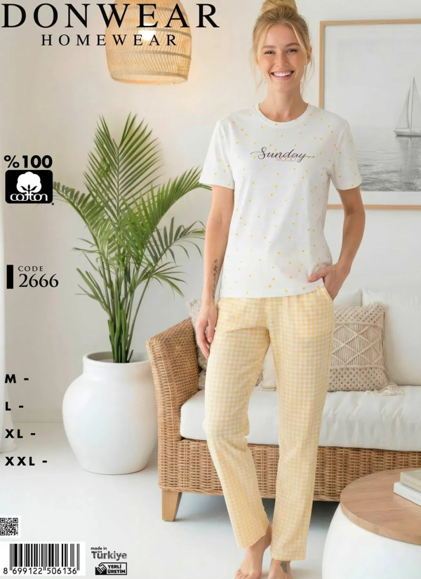 Donwear 2666 Оптом Турция Фабрика Пижама Женская Комплект с Брюками Хлопок (M+L+XL+XXL) Donwear 2666 Купить Оптом с Турции
