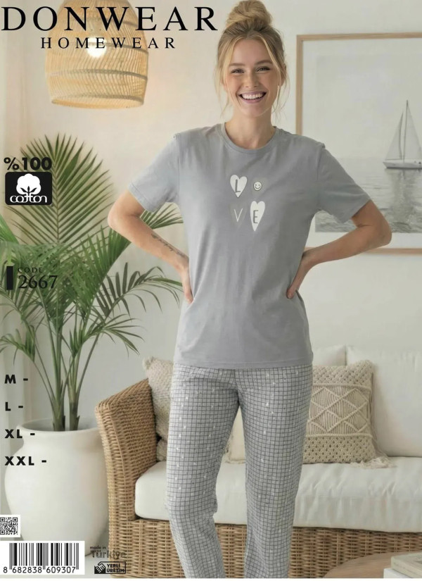 Donwear 2667 Оптом Турция Фабрика Пижама Женская Комплект с Брюками Хлопок (M+L+XL+XXL) Donwear 2667 Купить Оптом с Турции
