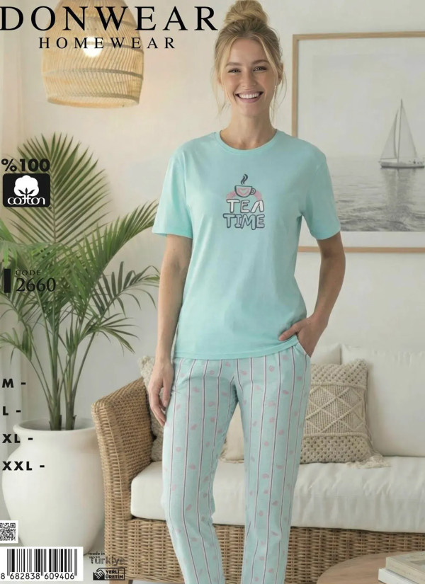 Пижама Женская Комплект с Брюками Хлопок (M+L+XL+XXL) Donwear 2660 — оптовая поставка из Турции