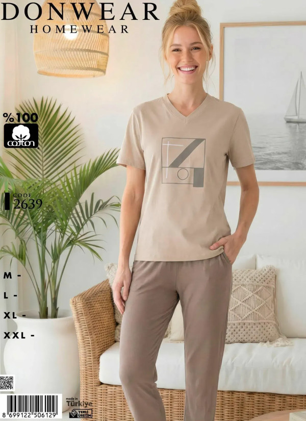Пижама Женская Комплект с Брюками Хлопок (M+L+XL+XXL) Donwear 2639 — оптом для магазинов и бутиков