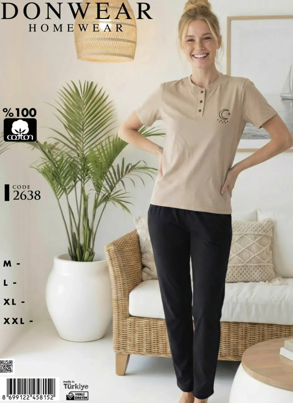 Пижама Женская Комплект с Брюками Хлопок (M+L+XL+XXL) Donwear 2638 — оптовая поставка из Турции