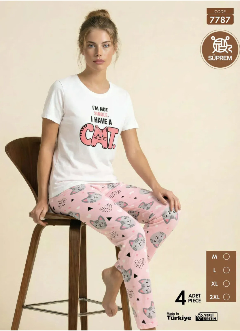 Женская Пижама с Футболкой и Брюками из Супрема (M+L+XL+2XL) SÜPREM Pijamo 7787 — оптовая поставка из Турции