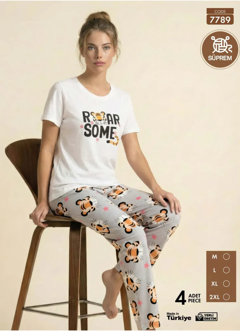 Женская Пижама с Футболкой и Брюками из Супрема (M+L+XL+2XL) SÜPREM Pijamo 7789 — турецкий текстиль оптом