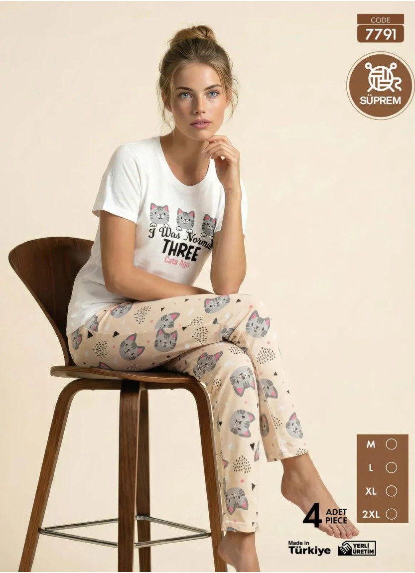 Женская Пижама с Футболкой и Брюками из Супрема (M+L+XL+2XL) SÜPREM Pijamo 7791 — оптом для магазинов и бутиков