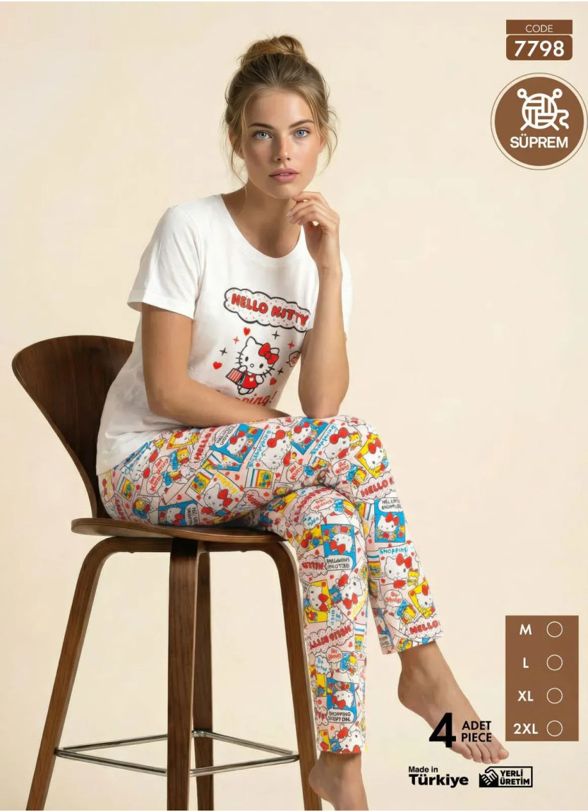Женская Пижама с Футболкой и Брюками из Супрема (M+L+XL+2XL) SÜPREM Pijamo 7798 — турецкий текстиль оптом