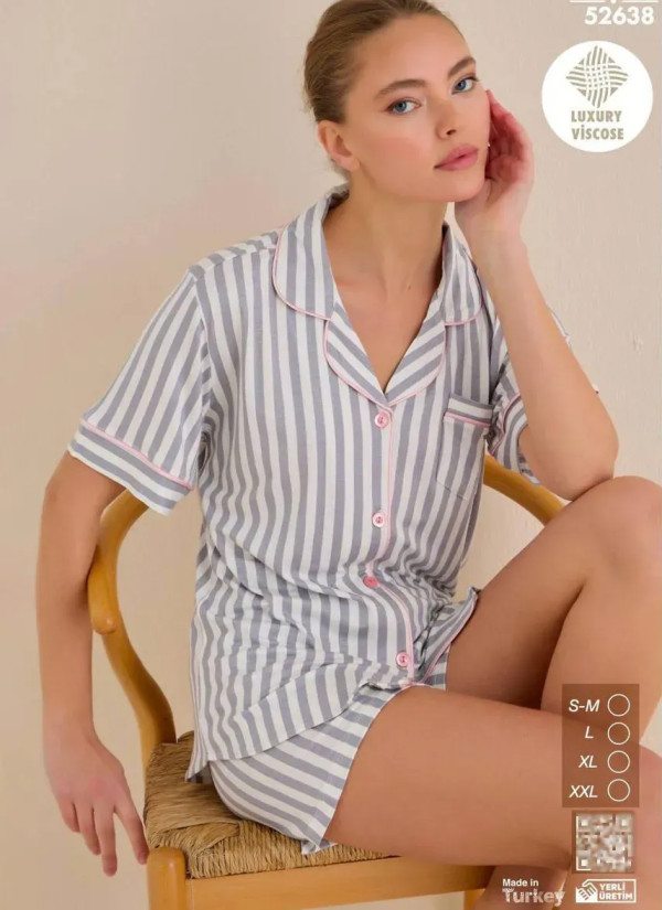 Cagri 52638 Оптом Турция Фабрика Комплект с Шортами Пижама на Пуговицах Viscose (SM+L+XL+XXL) CAGRI 52638 Купить Оптом с Турции