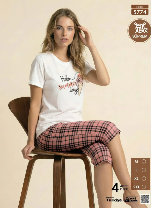 Женский Комплект с Футболкой и Капри из Супрема (M+L+XL+2XL) SÜPREM Pijamo 5774 — прямые поставки из Турции