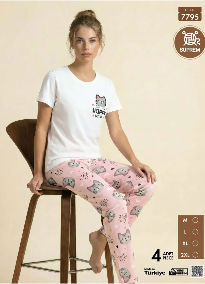 Женская Пижама с Футболкой и Брюками из Супрема (M+L+XL+2XL) SÜPREM Pijamo 7795 — фабричная коллекция оптом